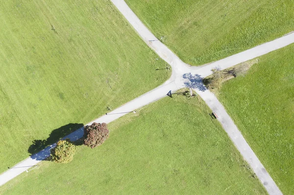 top drone aerial view to crossing road in green meadow with fall trees