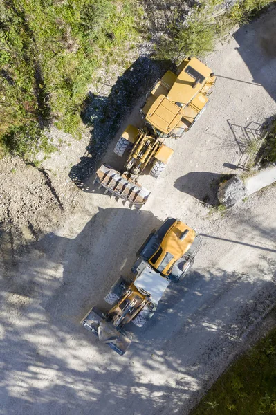 Vue Dessus Deux Chargeuses Frontales Orange Montées Sur Roues Carrière — Photo