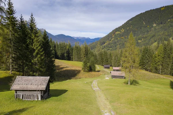 Wooden Farm Huts Mountain Meadow Fall Autumn Tirol Austria — Stock Photo, Image