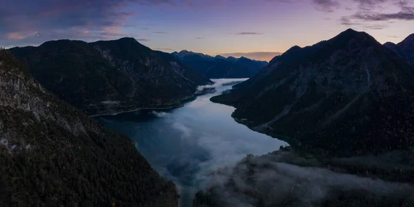 Lac Plansee Aube Matin Avec Brouillard Sol Automne Tyrol — Photo