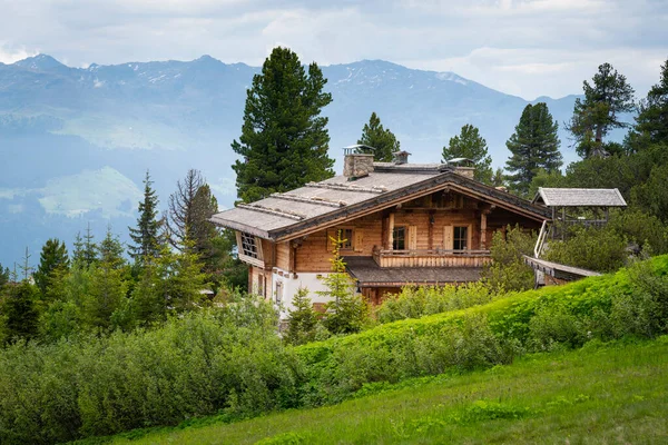 Luxurious Wooden Chalet House Austrian Mountains Alps Trees Bushes — Stock Photo, Image