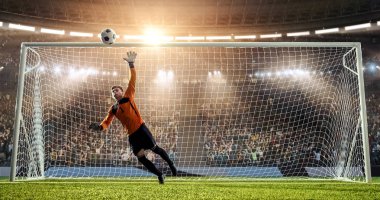 Kaleci profesyonel futbol stadyumu bir atlama bir hedefi kaydetmek çalışıyor. Stadyum ve kalabalık 3d yapılır.