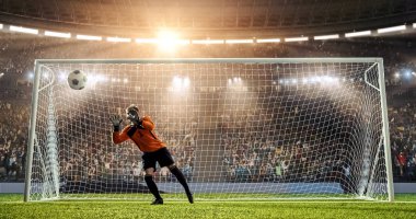 Kaleci profesyonel futbol stadyumu bir atlama bir hedefi kaydetmek çalışıyor. Stadyum ve kalabalık 3d yapılır.