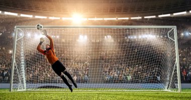 Kaleci profesyonel futbol stadyumu bir atlama bir hedefi kaydetmek çalışıyor. Stadyum ve kalabalık 3d yapılır.