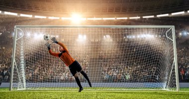 Kaleci profesyonel futbol stadyumu bir atlama bir hedefi kaydetmek çalışıyor. Stadyum ve kalabalık 3d yapılır.