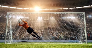 Kaleci profesyonel futbol stadyumu bir atlama bir hedefi kaydetmek çalışıyor. Stadyum ve kalabalık 3d yapılır.