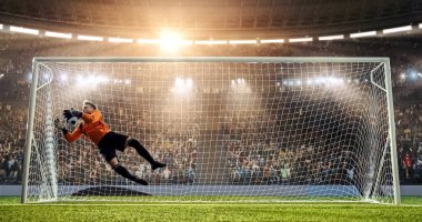 Kaleci profesyonel futbol stadyumu bir atlama bir hedefi kaydetmek çalışıyor. Stadyum ve kalabalık 3d yapılır.