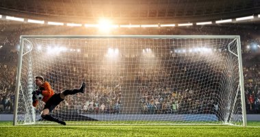Kaleci profesyonel futbol stadyumu bir atlama bir hedefi kaydetmek çalışıyor. Stadyum ve kalabalık 3d yapılır.