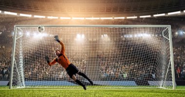 Kaleci profesyonel futbol stadyumu bir atlama bir hedefi kaydetmek çalışıyor. Stadyum ve kalabalık 3d yapılır.