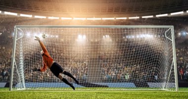 Kaleci profesyonel futbol stadyumu bir atlama bir hedefi kaydetmek çalışıyor. Stadyum ve kalabalık 3d yapılır.