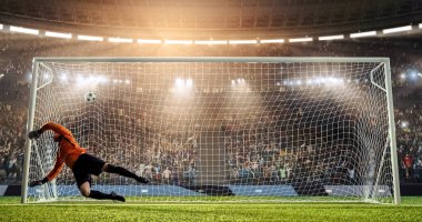 Kaleci profesyonel futbol stadyumu bir atlama bir hedefi kaydetmek çalışıyor. Stadyum ve kalabalık 3d yapılır.