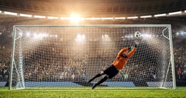 Kaleci profesyonel futbol stadyumu bir atlama bir hedefi kaydetmek çalışıyor. Stadyum ve kalabalık 3d yapılır.
