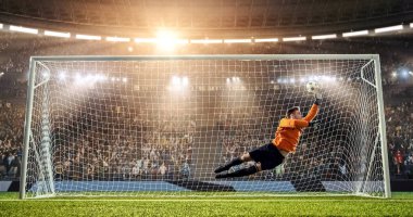 Kaleci profesyonel futbol stadyumu bir atlama bir hedefi kaydetmek çalışıyor. Stadyum ve kalabalık 3d yapılır.