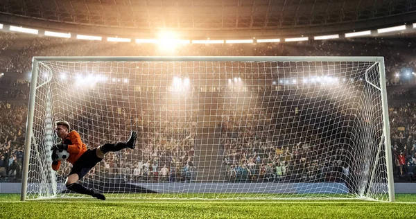 Goalkeeper is trying to save from a goal in a jump on a professional soccer stadium. Stadium and crowd are made in 3D.