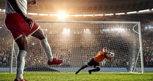Futbolcu kaleci bir profesyonel futbol stadyumu savunur iken bir gol çalışıyor. Stadyum ve kalabalık 3d yapılır.