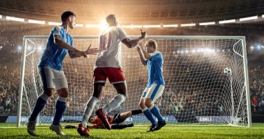 Attacker scores a goal, sending a ball past defenders and a goalkeeper on a professional soccer stadium. Stadium and crowd are made in 3D. clipart