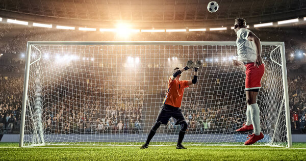 Soccer player is trying to score a header goal while goalkeeper defends on a professional soccer stadium. Stadium and crowd are made in 3D.