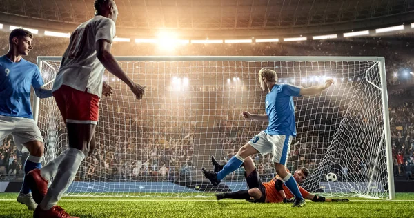 Saldırgan bir amaç, bir profesyonel futbol stadyumu bir topu defans ve bir kaleci gönderme puanları. Stadyum ve kalabalık 3d yapılır.