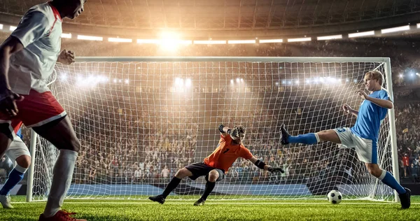 Attacker scores a goal, sending a ball past defenders and a goalkeeper on a professional soccer stadium. Stadium and crowd are made in 3D.