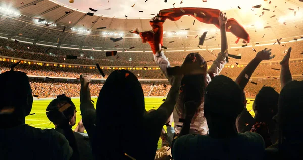 Fans Feiern Den Erfolg Ihrer Lieblingsmannschaft Auf Der Tribüne Des — Stockfoto