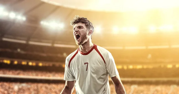 Mutlu futbolcu kutlamak bir profesyonel futbol stadyumu bir zafer