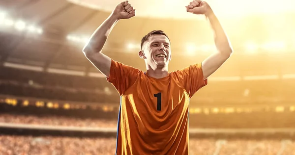 Mutlu futbolcu kutlamak bir profesyonel futbol stadyumu bir zafer