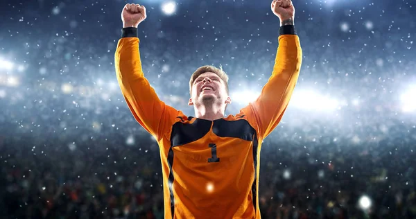 サッカー選手は その雪の間プロフェッショナルのスタジアムで勝利を祝います 競技場と観客は で作られています — ストック写真