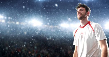 Futbol oyuncusu onun kar yağışı sırasında profesyonel stadyumun bir zafer kutluyor. Stadyum ve kalabalık 3d yapılır.