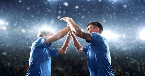 サッカー選手は その雪の間プロフェッショナルのスタジアムで勝利を祝っています 競技場と観客は で作られています — ストック写真