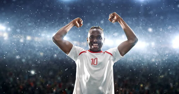 Soccer player celebrates a victory on the professional stadium while its snowing. Stadium and crowd are made in 3d.