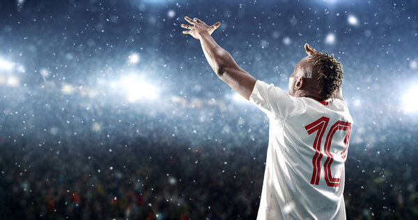 Soccer player celebrates a victory on the professional stadium while its snowing. Stadium and crowd are made in 3d.