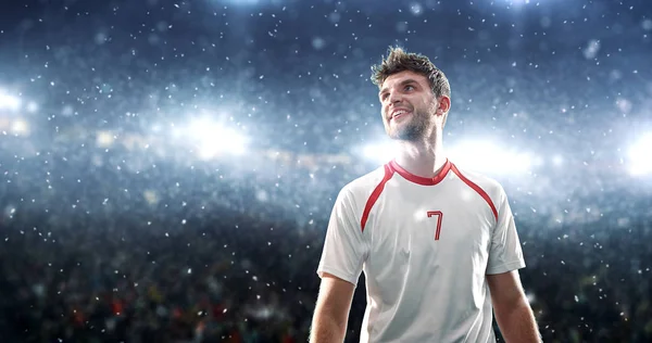 Futbol oyuncusu onun kar yağışı sırasında profesyonel stadyumun bir zafer kutluyor. Stadyum ve kalabalık 3d yapılır.