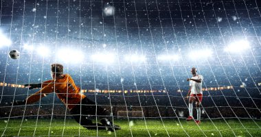 Saldırgan bir hedef puanları ve kar yağıyor iken bir profesyonel futbol stadyumu zafer kutluyor. Stadyum ve kalabalık 3d yapılır.