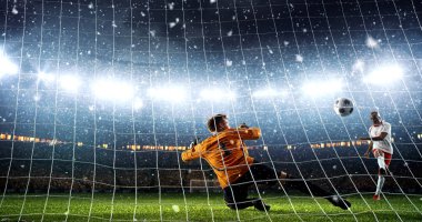 Saldırgan bir hedef puanları ve kar yağıyor iken bir profesyonel futbol stadyumu zafer kutluyor. Stadyum ve kalabalık 3d yapılır.
