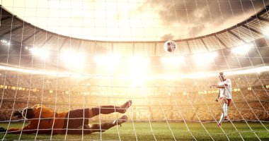 Saldırgan bir hedef puanları ve profesyonel futbol stadyumu ise güneş parlar zafer kutluyor. Stadyum ve kalabalık 3d yapılır.