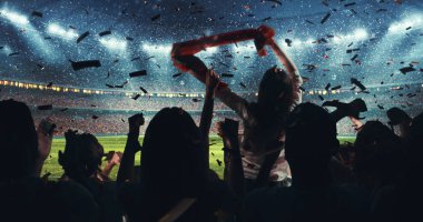 Fans celebrating the success of their favorite sports team on the stands of the professional stadium while it's snowing. Stadium is made in 3D. clipart