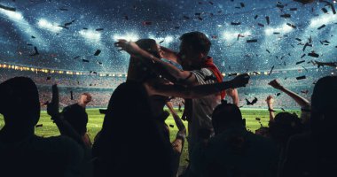 Hayranları kar yağıyor iken onların favori spor takımında profesyonel stadyum standları başarısını kutluyor. Stadyum 3d yapılır.