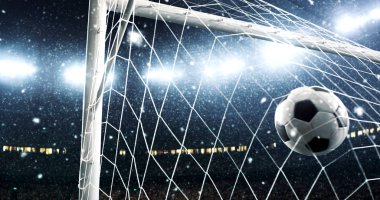 Kar yağıyor iken bu bir hedef haline bir profesyonel futbol stadyumu üzerinde uçan top fotoğraf. Stadyum ve kalabalık 3d yapılır.