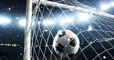 Kar yağıyor iken bu bir hedef haline bir profesyonel futbol stadyumu üzerinde uçan top fotoğraf. Stadyum ve kalabalık 3d yapılır.
