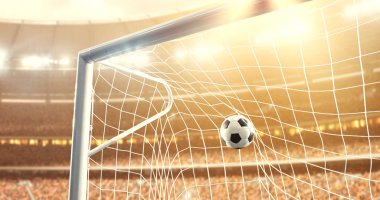Fotoğraf güneş parlar süre profesyonel futbol stadyumu bir hedef haline uçar top. Stadyum ve kalabalık 3d yapılır.