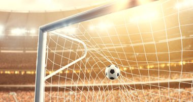 Fotoğraf güneş parlar süre profesyonel futbol stadyumu bir hedef haline uçar top. Stadyum ve kalabalık 3d yapılır.