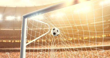 Fotoğraf güneş parlar süre profesyonel futbol stadyumu bir hedef haline uçar top. Stadyum ve kalabalık 3d yapılır.