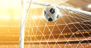 Fotoğraf güneş parlar süre profesyonel futbol stadyumu bir hedef haline uçar top. Stadyum ve kalabalık 3d yapılır.
