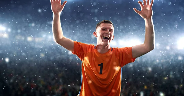 Soccer Player Celebrates Victory Professional Stadium While Its Snowing Stadium — Stock Photo, Image