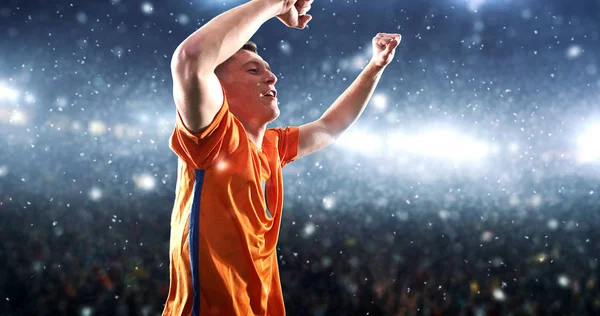 Soccer Player Celebrates Victory Professional Stadium While Its Snowing Stadium — Stock Photo, Image