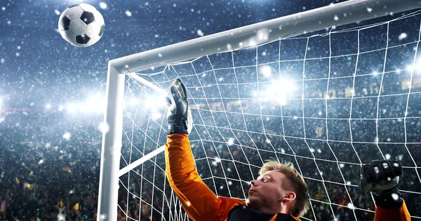 Goalkeeper tries to save from a goal on a professional soccer stadium while it\'s snowing. Stadium and crowd are made in 3D.