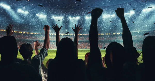 Fans Celebrating Success Favorite Sports Team Stands Professional Stadium While — Stock Photo, Image