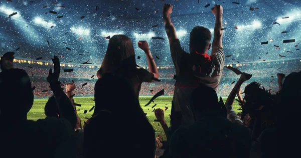 Fãs Comemoram Sucesso Sua Equipe Esportiva Favorita Nas Arquibancadas Estádio — Fotografia de Stock
