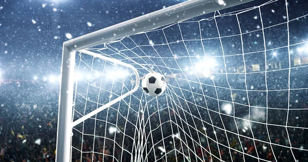 Photo of the ball that flies into a goal on a professional soccer stadium while it\'s snowing. Stadium and crowd are made in 3D.