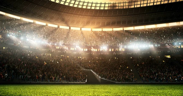Fotoğraf profesyonel futbol stadyumu ise güneş parlar. Stadyum ve kalabalık 3d yapılır